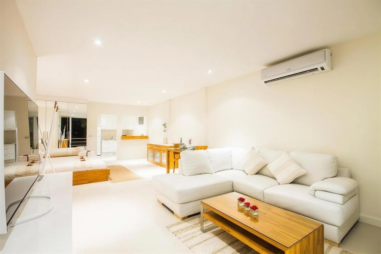 An open plan living and sleeping area